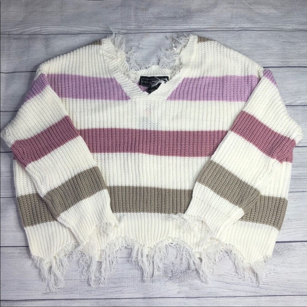Polly & Esther Destructed Stripe V-Neck Sweater Size 1X NWT